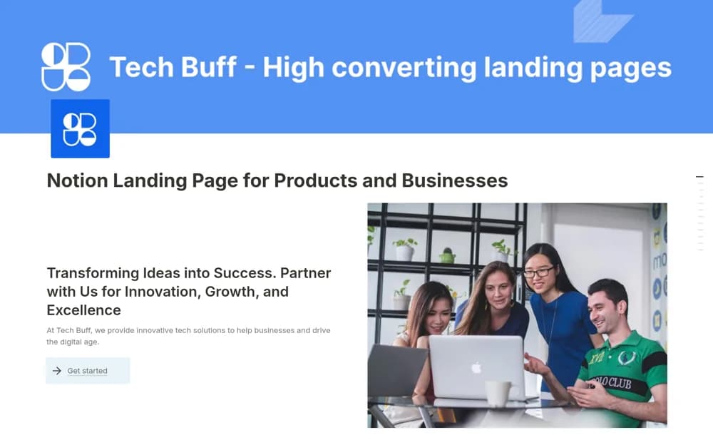 Landing page for Products and Business Notion template preview