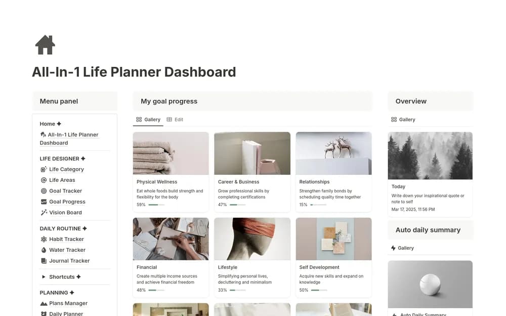 Life Dashboard Notion template preview