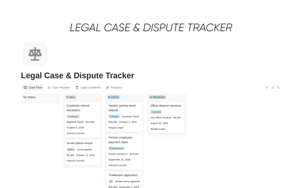 Legal Case & Dispute Tracker Notion template preview