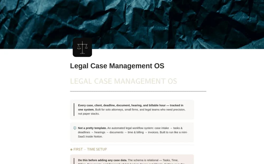 Legal Case Management OS Notion template preview