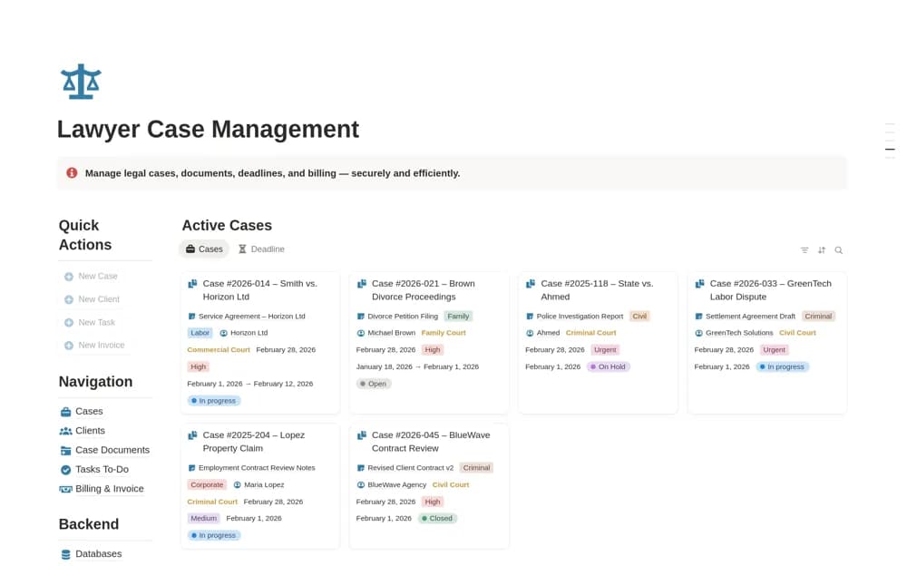 Lawyer & Legal Case Manager OS Notion template preview