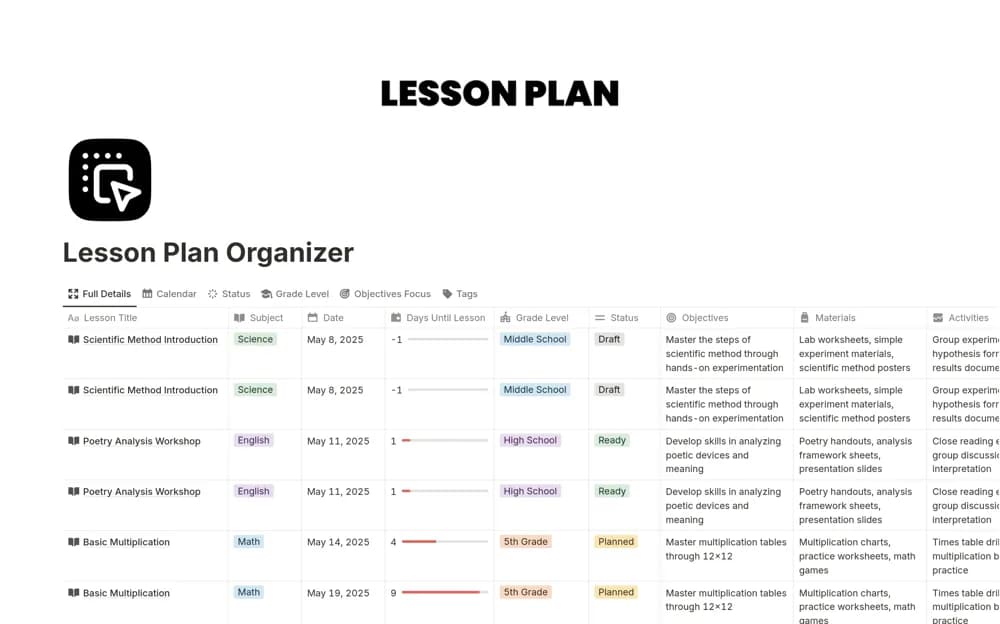 Lesson Plan Organizer Notion template preview