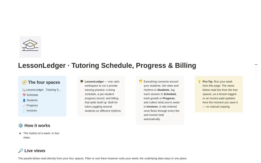 LessonLedger · Tutoring Schedule and more Notion template preview