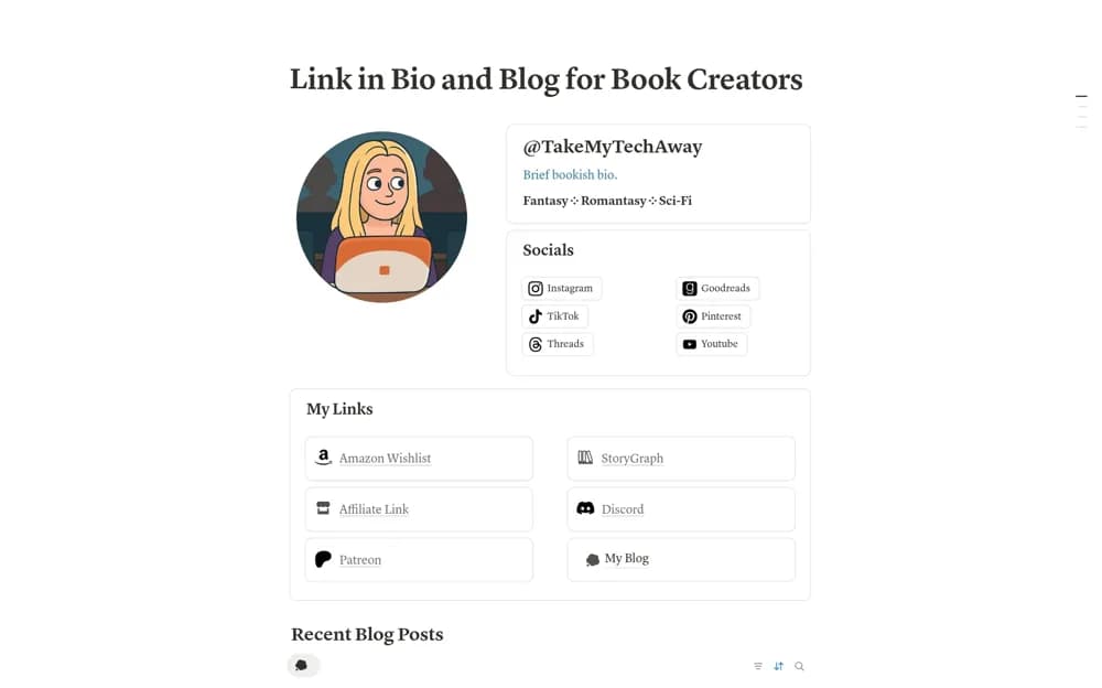 Link in Bio and Blog for Book Creators Notion template preview