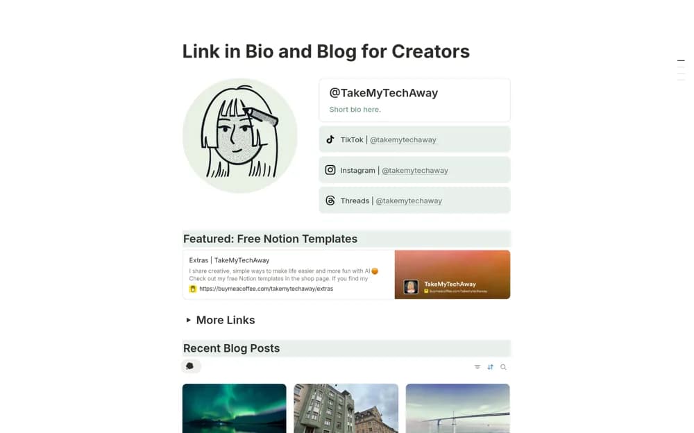 Link in Bio and Blog for Creators Notion template preview