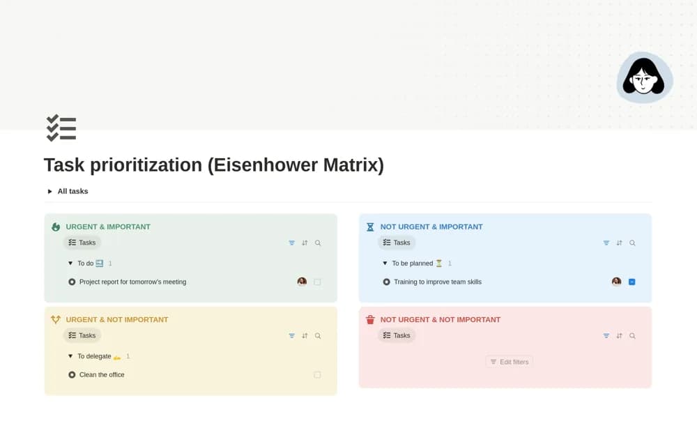Eisenhower Matrix - Prioritization of your tasks — preview from Notion Marketplace