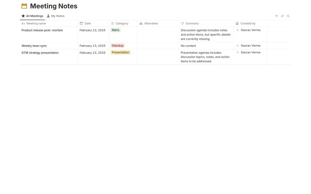 Meeting Notes Notion template preview