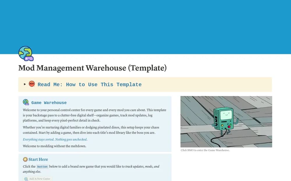 Mod Management Warehouse Notion template preview