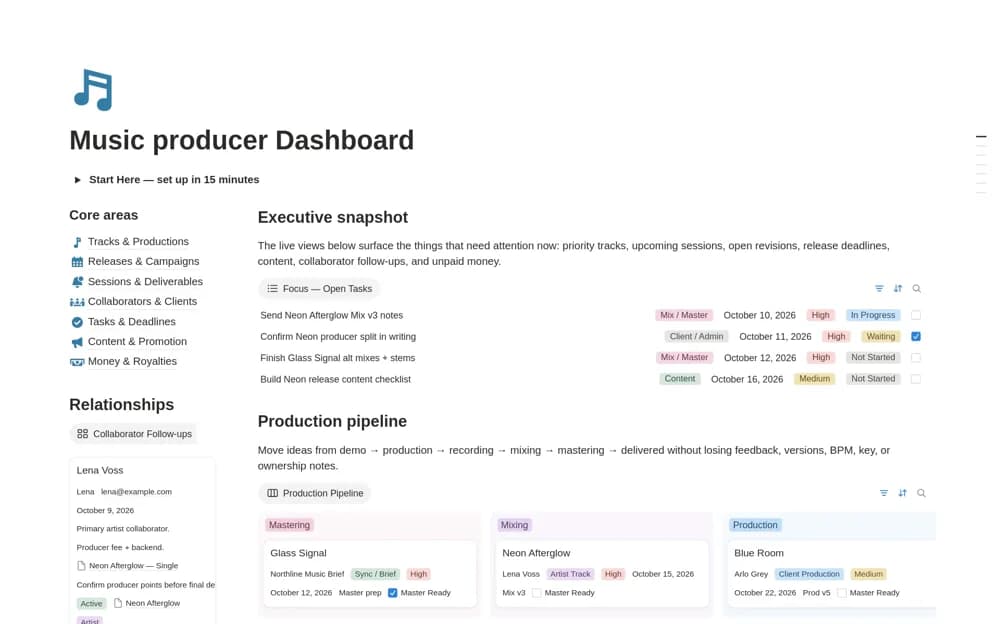 Music Producer OS — Production, Releases & Client Notion template preview