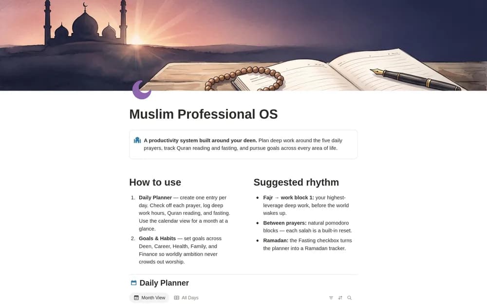 Muslim Professional OS — Prayer-First Planner Notion template preview