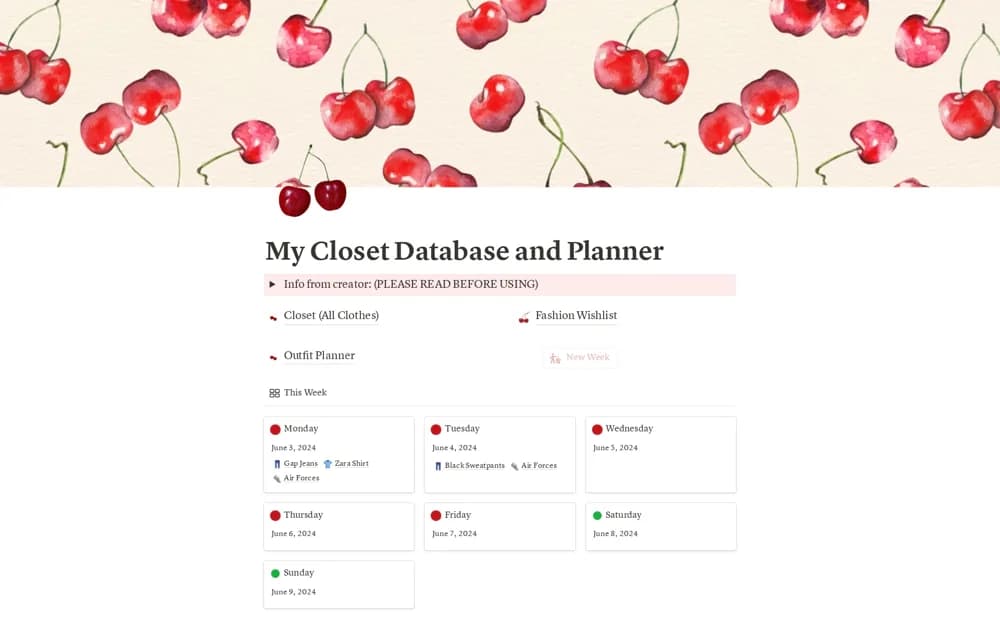 Closet Database and Outfit Planner Notion template preview