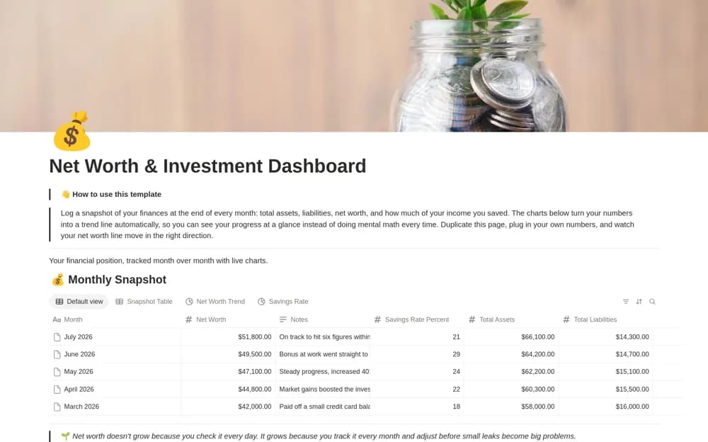 Net Worth & Investment Dashboard Notion template preview