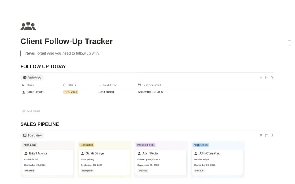 Client Follow-Up Tracker Notion template preview