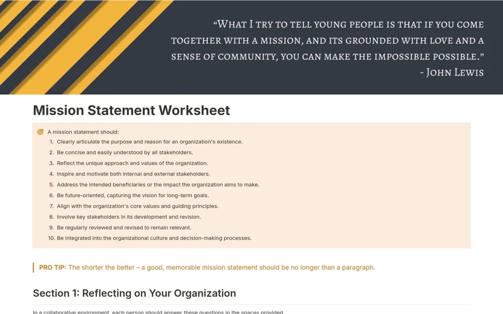 Non-Profit Mission Statement Worksheet Notion template preview
