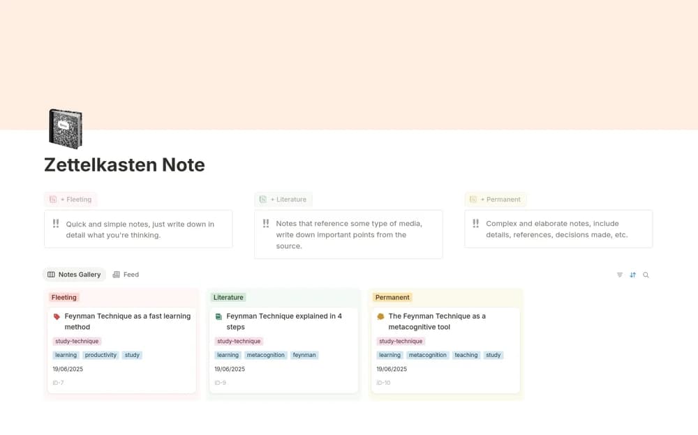 Notas Zettelkasten Notion template preview