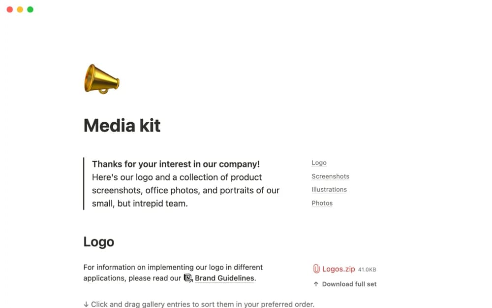 Notion's media kit Notion template preview