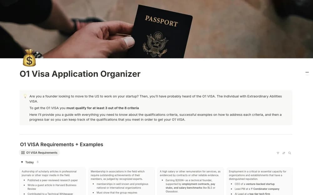 O1 VISA Application Requirements Guide Notion template preview