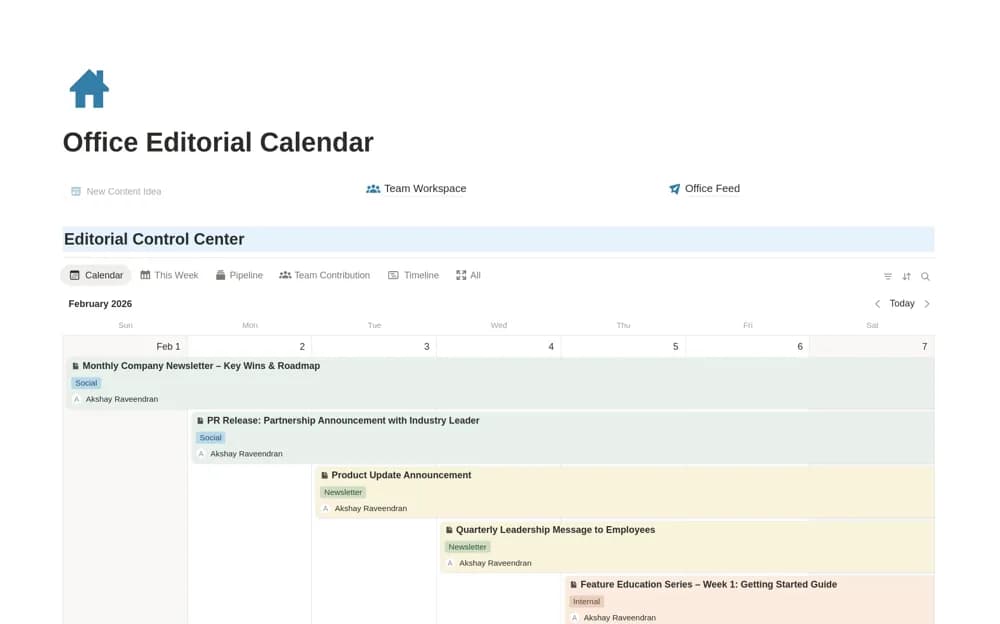 Office Editorial Calendar (and Team Workflow) Notion template preview