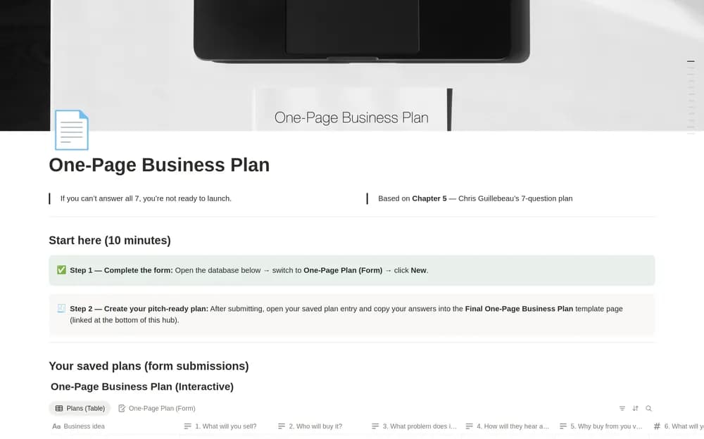 One-Page Business Plan Notion template preview