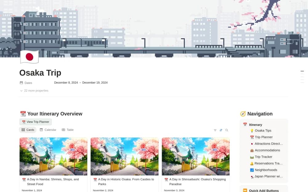 Osaka Itinerary & Japan Travel Planner Notion template preview