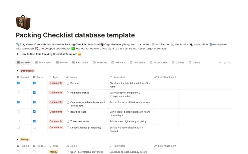 Packing Checklist database Notion template preview