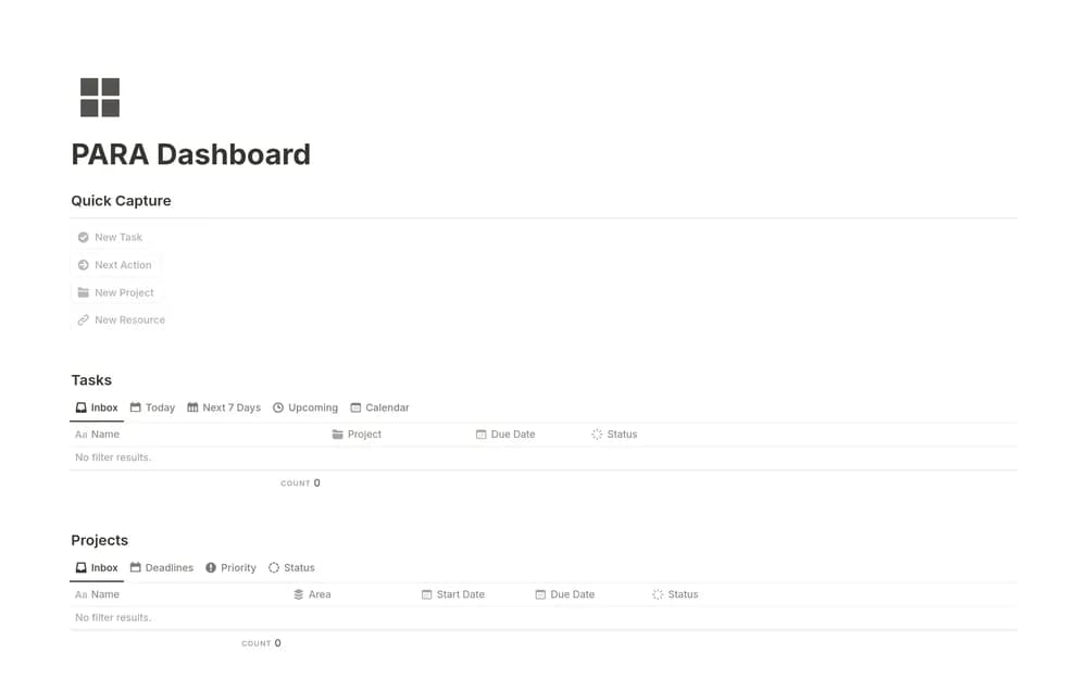 PARA Dashboard Notion template preview