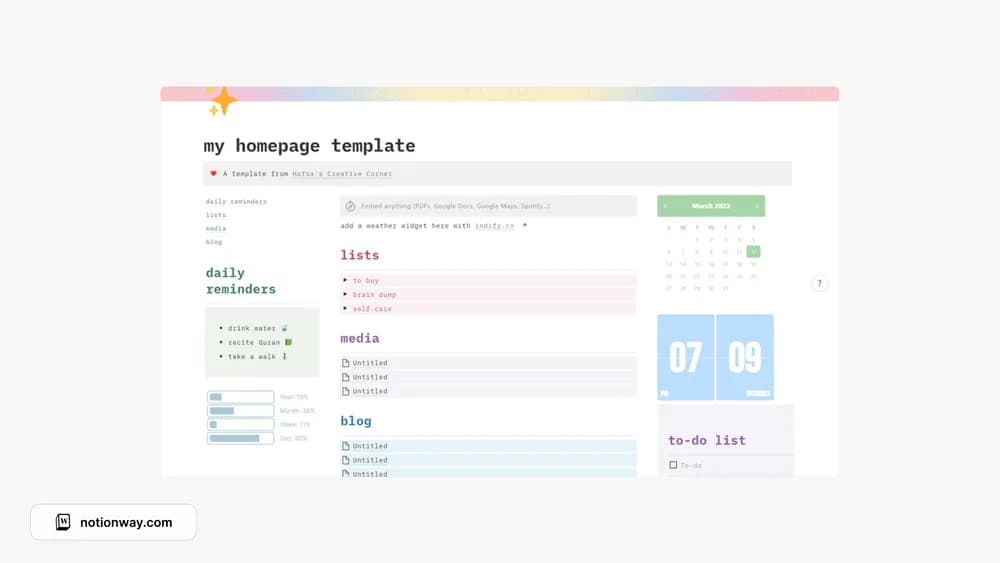 Aesthetic Personal Homepage Notion Template Notion template preview