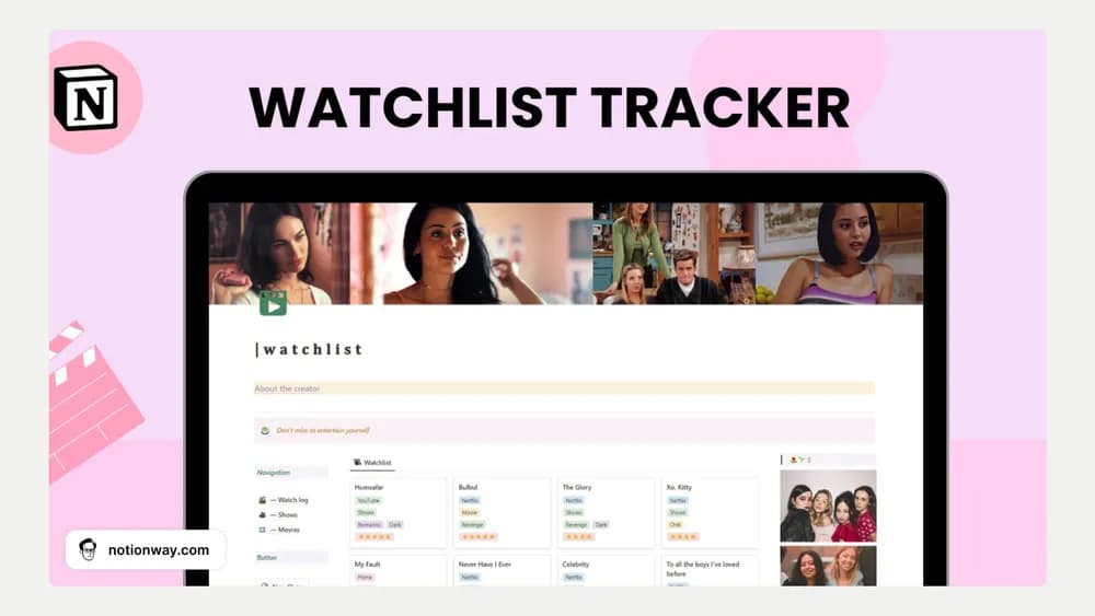Notion Aesthetic Free Watchlist Tracker Notion template preview