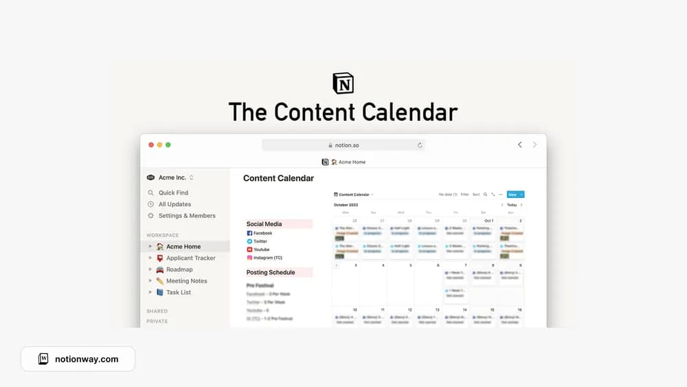 Social Media Content Calendar Notion template preview