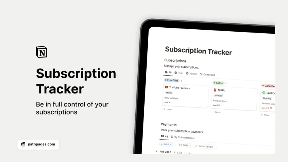 Notion Subscription Tracker — preview from PathPages