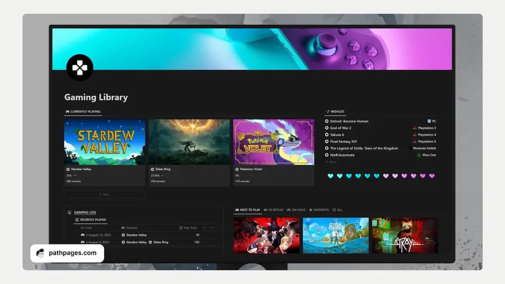 Video Game Library for Notion Notion template preview