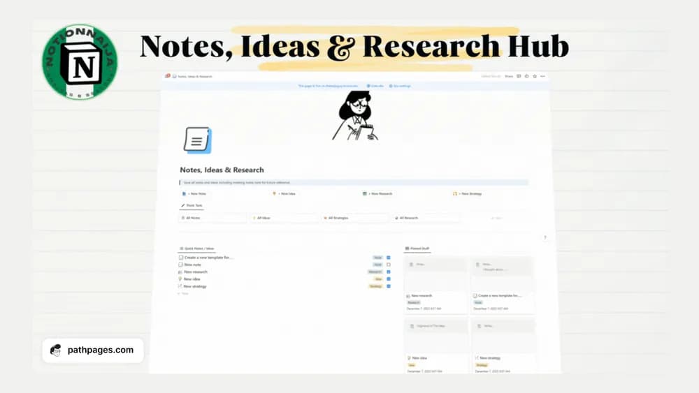 Notion Notes, Ideas & Research Hub Notion template preview