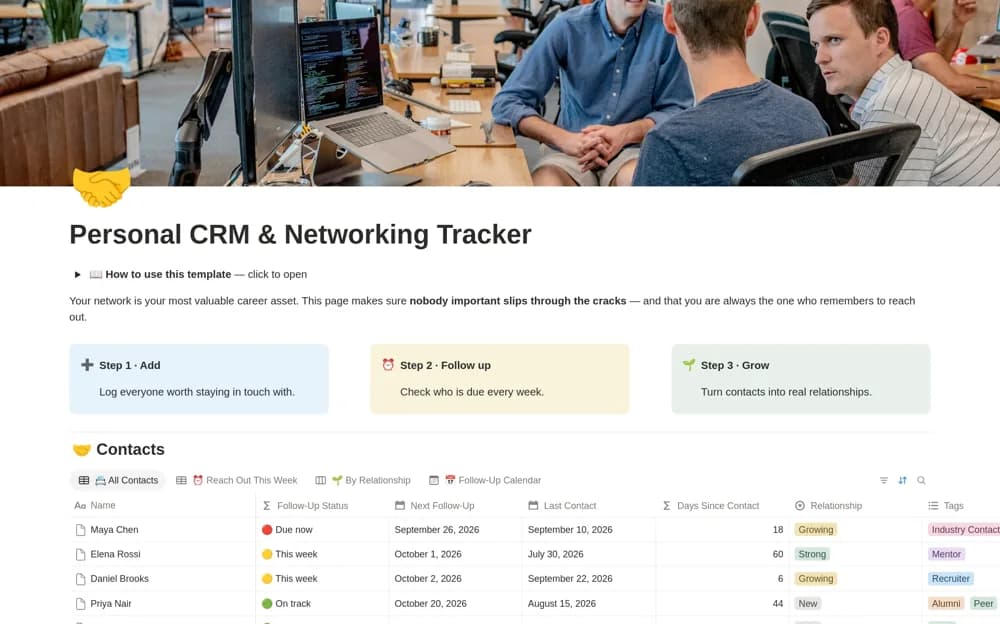 Personal CRM — Networking & Follow-Up Tracker — preview from Notion Marketplace