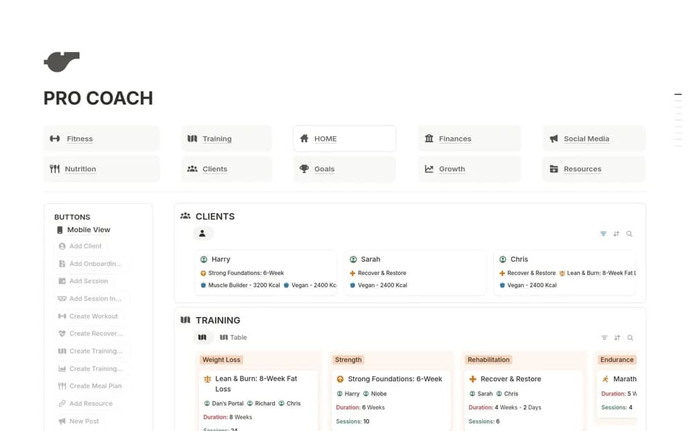 Personal Trainer OS - PRO COACH Notion template preview