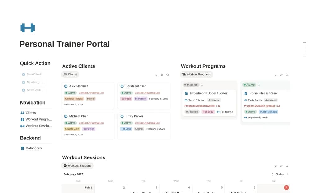 Trainer OS | Personal Trainer Portal Notion template preview