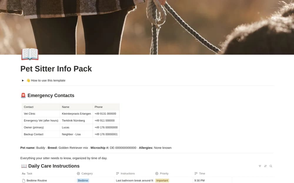 Pet Sitter Info Pack — preview from Notion Marketplace