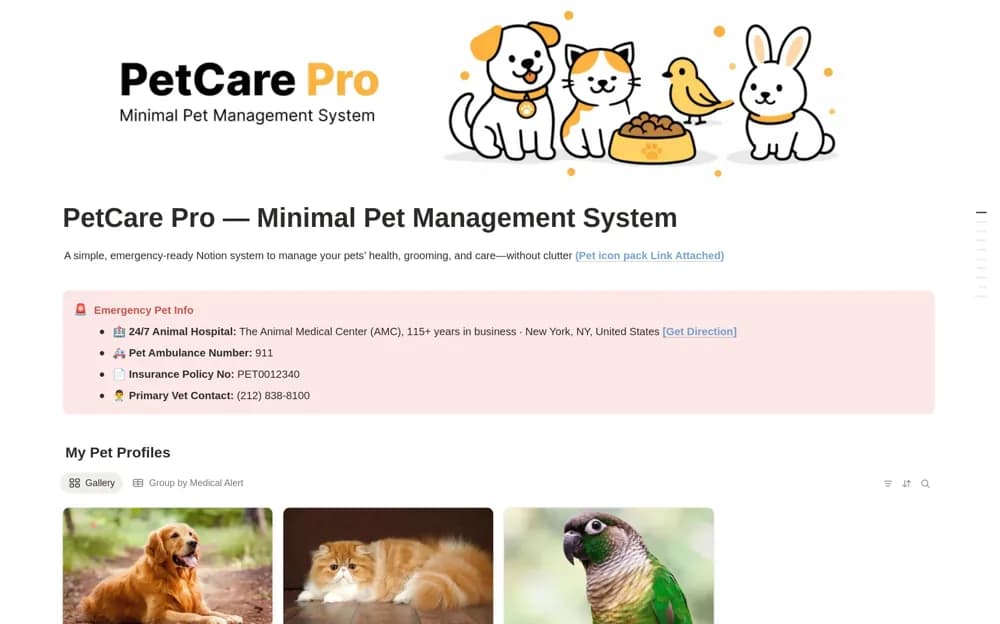 PetCare Pro — Minimal Pet Management System Notion template preview