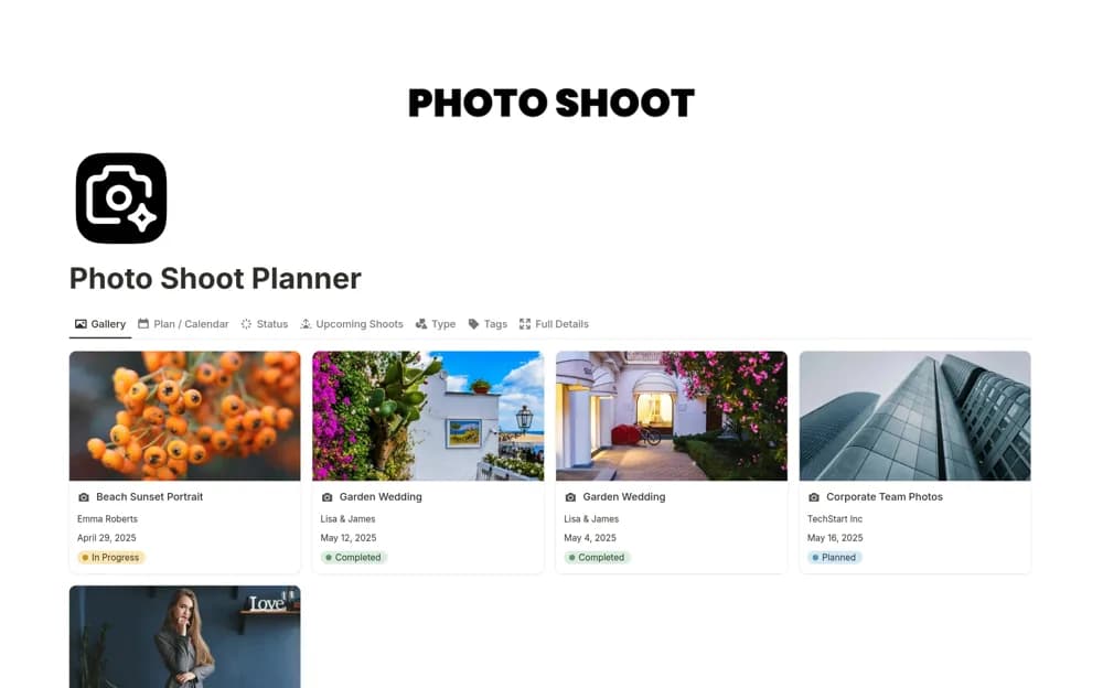 Photo Shoot Planner Notion template preview