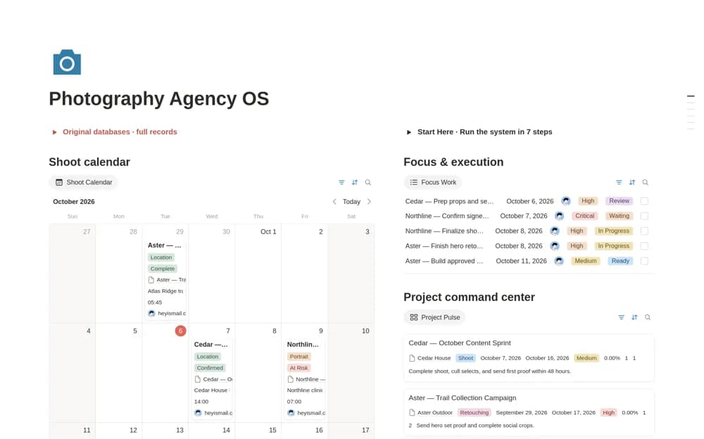 Photography Agency OS — Shoots, CRM & Delivery Notion template preview