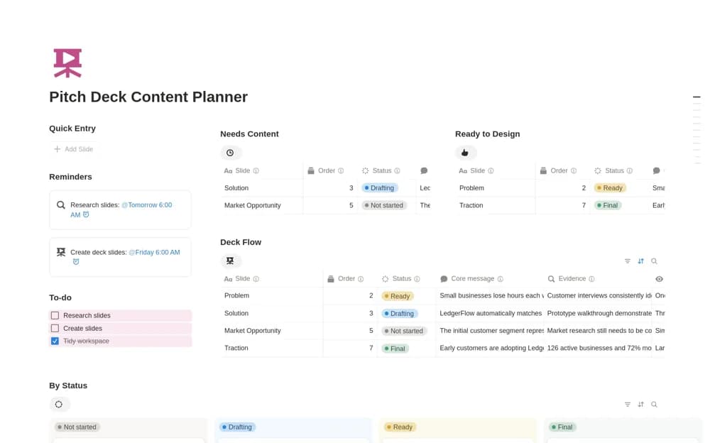 Pitch Deck Content Planner — preview from Notion Marketplace
