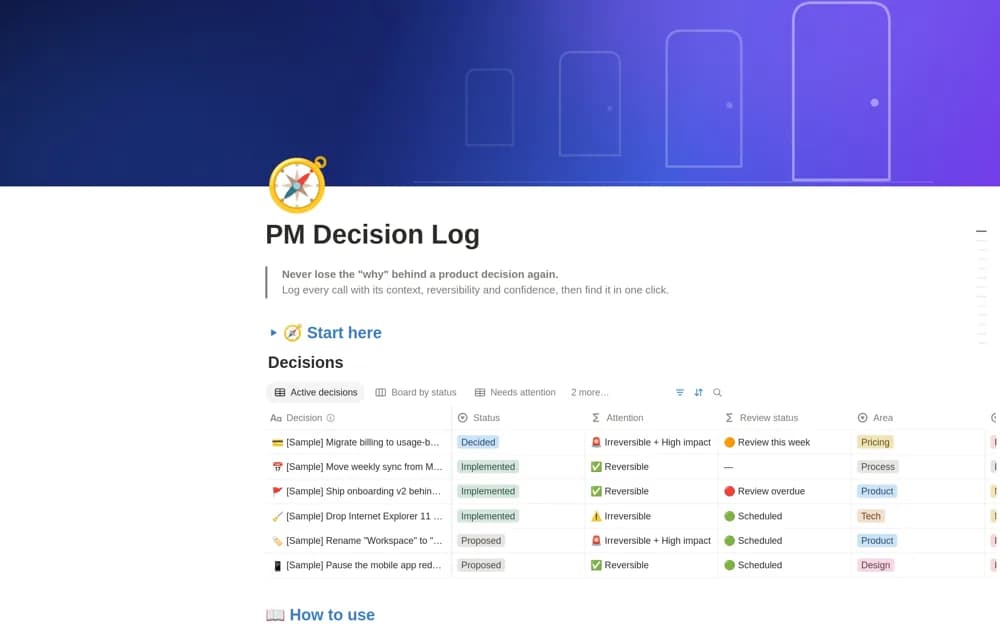 PM Decision Log Notion template preview