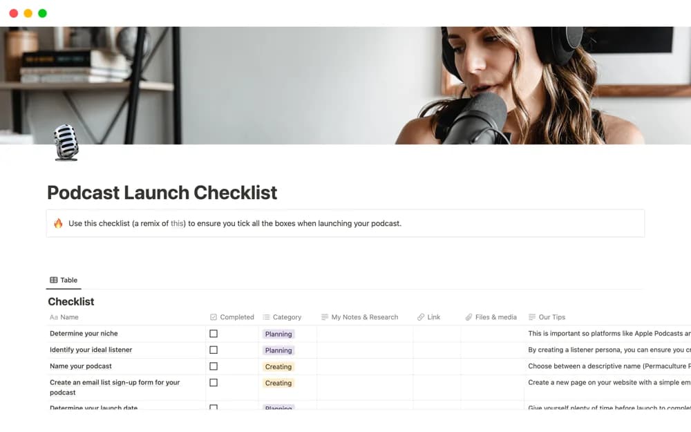 Podcast Launch Checklist Notion template preview