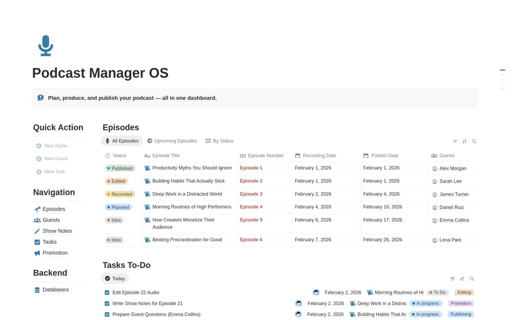 Podcast Manager OS | Episodes, Guests & Promotion Notion template preview