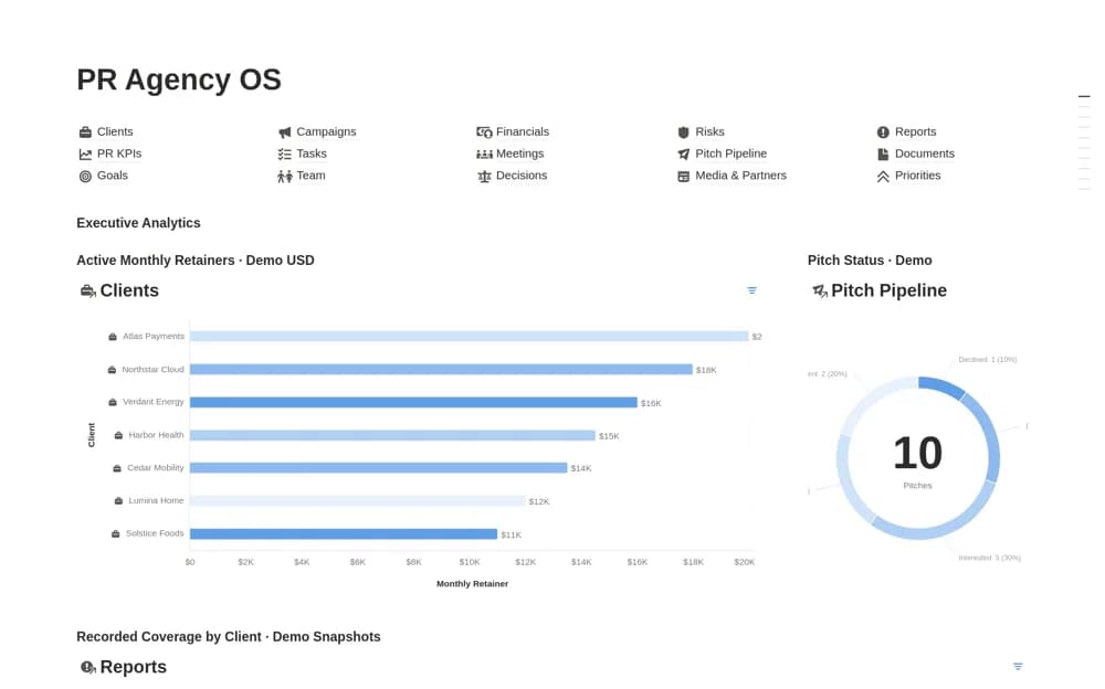 PR Agency OS Notion template preview