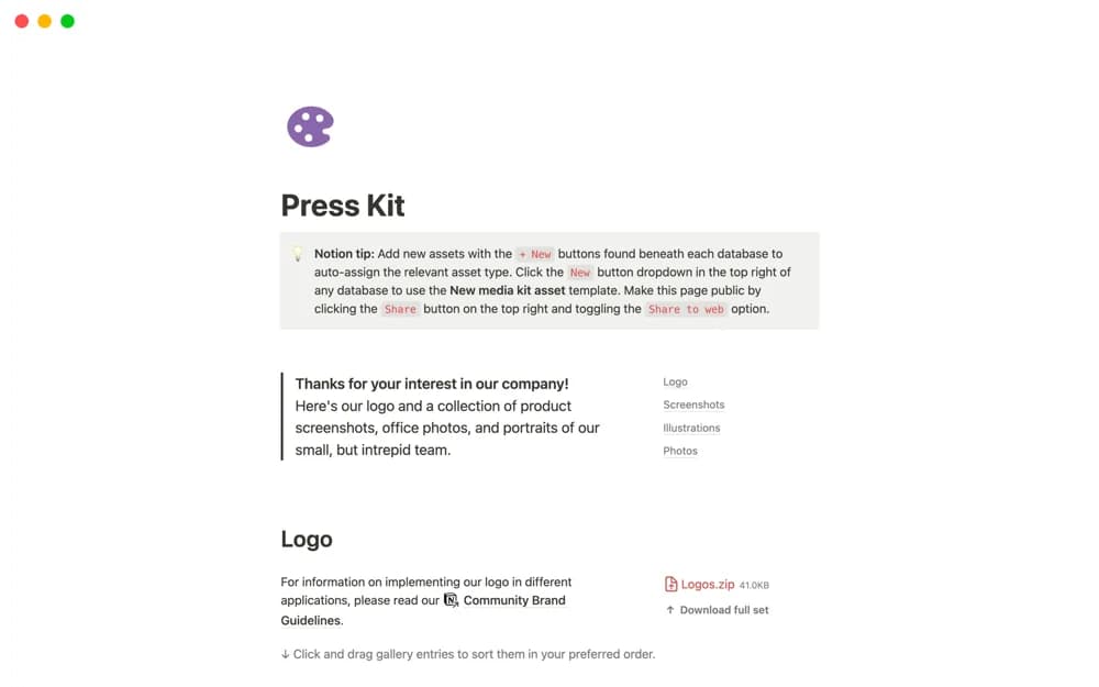 Press Kit Notion template preview