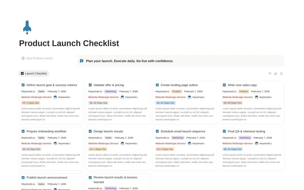 Product Launch Checklist Notion template preview