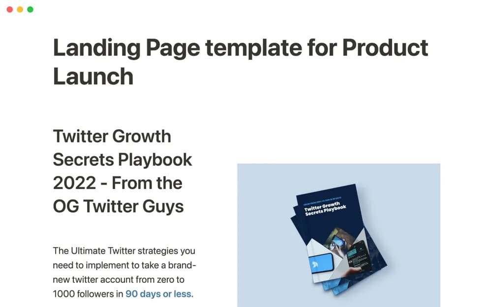 Product launch landing page Notion template preview