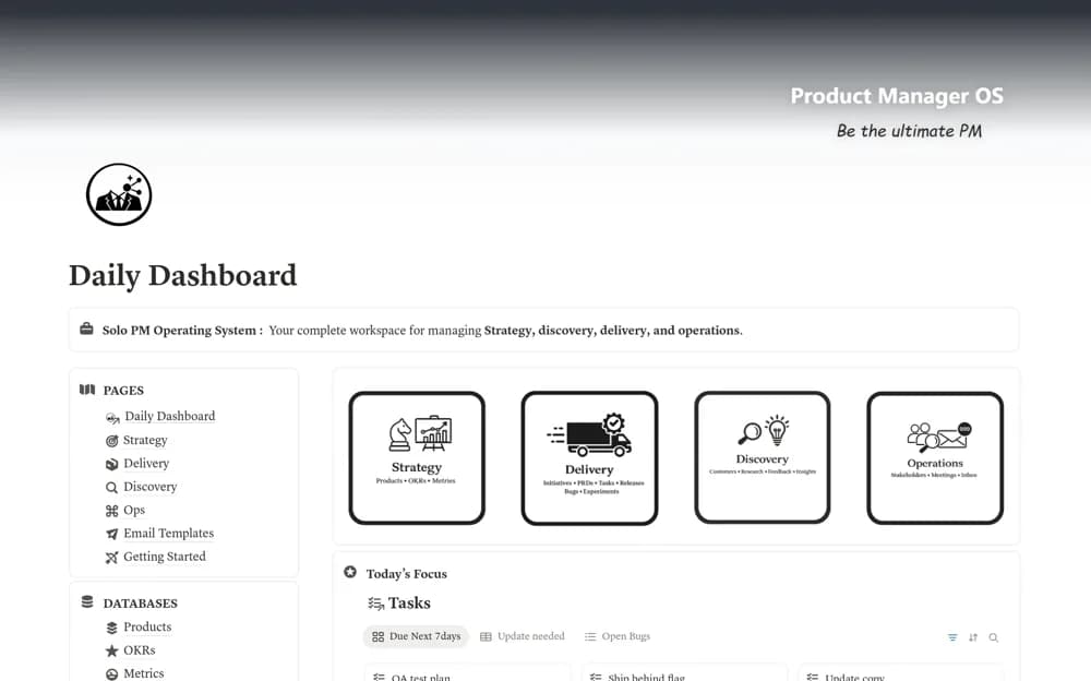 Product Management OS - For Solo Product Managers Notion template preview