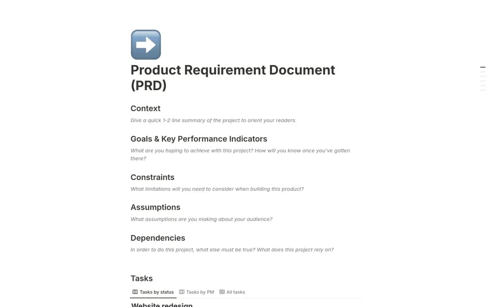 Product Requirements Doc (PRD) Notion template preview
