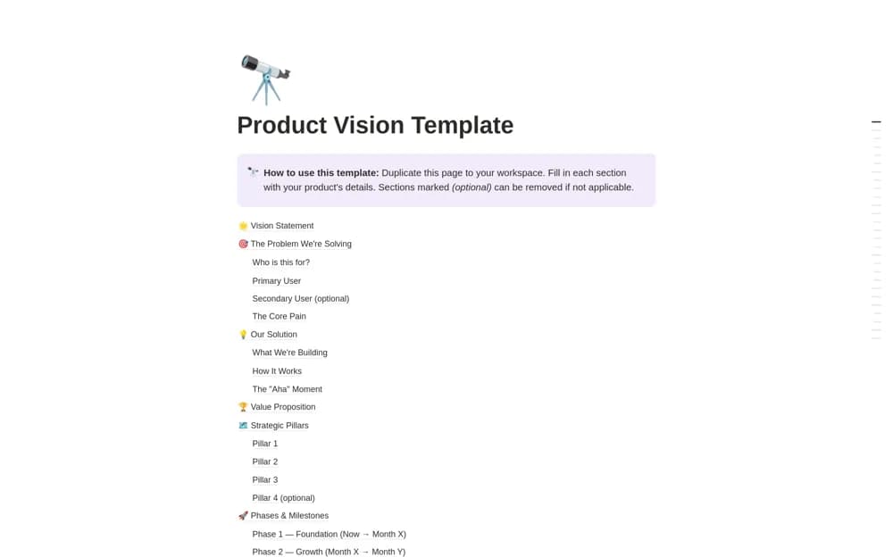 Product Vision Notion template preview